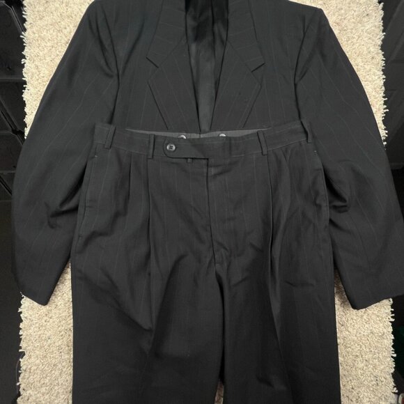 Tom James Black PinStriped Suit Jacket Blazer And Pants USA Size 43L, 34x27 Pant - Picture 1 of 11